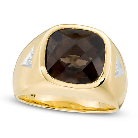 Men's 12.0mm Cushion-Cut Smoky Quartz and 0.05 CT. T.W. Natural Diamond Triangle Side Accent Ring in Solid 10K Yellow Gold