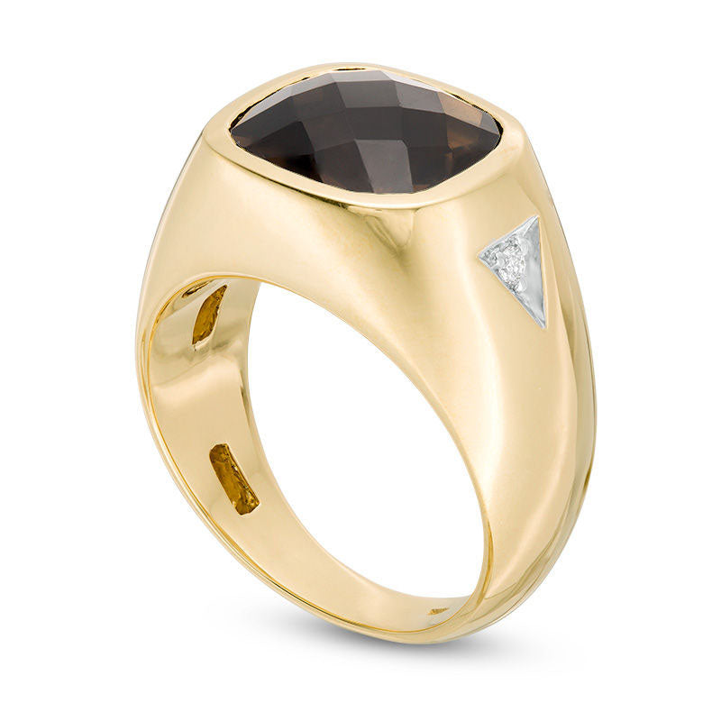 Men's 12.0mm Cushion-Cut Smoky Quartz and 0.05 CT. T.W. Natural Diamond Triangle Side Accent Ring in Solid 10K Yellow Gold