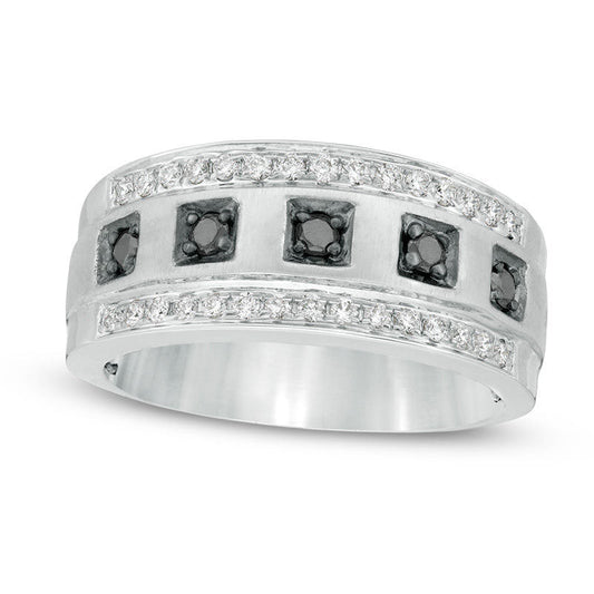 Men's 0.50 CT. T.W. Enhanced Black and White Natural Diamond Border Five Stone Multi-Finish Ring in Solid 10K White Gold