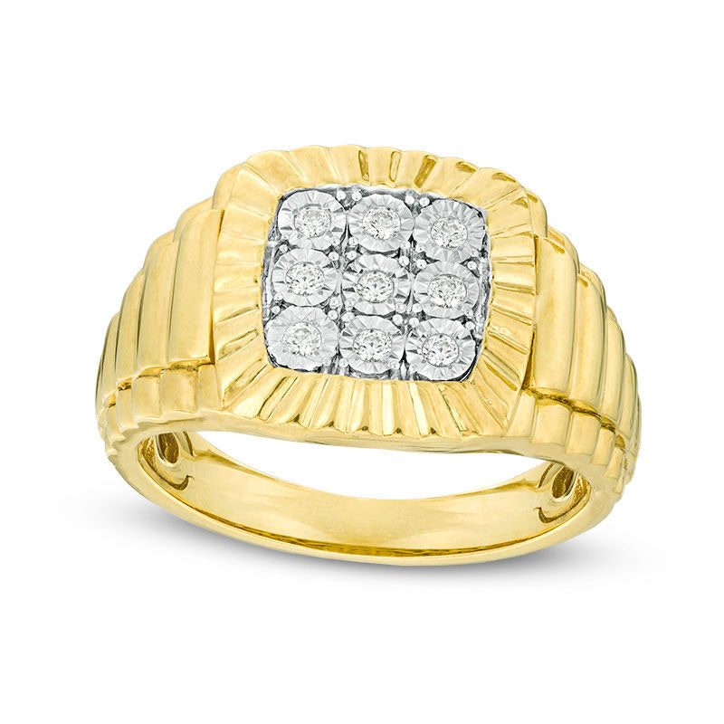 Men's 0.17 CT. T.W. Composite Natural Diamond Textured Cushion Frame Ribbed Ring in Sterling Silver with Solid 14K Gold Plate