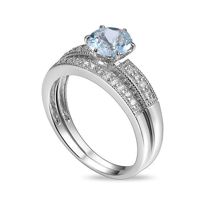 6.5mm Aquamarine and 0.25 CT. T.W. Natural Diamond Antique Vintage-Style Bridal Engagement Ring Set in Solid 10K White Gold