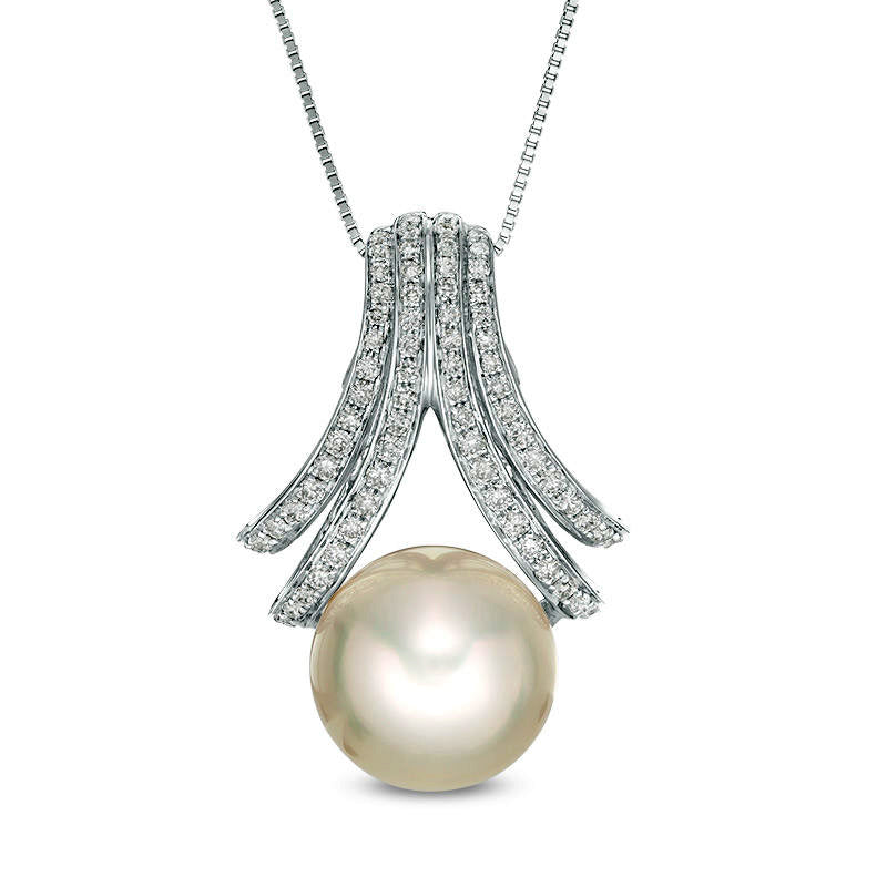 9.0 - 12.0mm Golden Cream South Sea Pearl and 0.33 CT. T.W. Natural Diamond Double Chevron Pendant in 18K White Gold