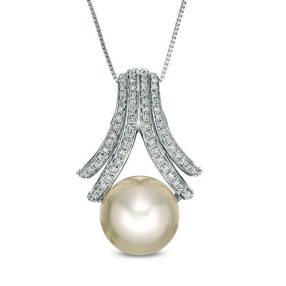 9.0 - 12.0mm Golden Cream South Sea Pearl and 0.33 CT. T.W. Natural Diamond Double Chevron Pendant in 18K White Gold