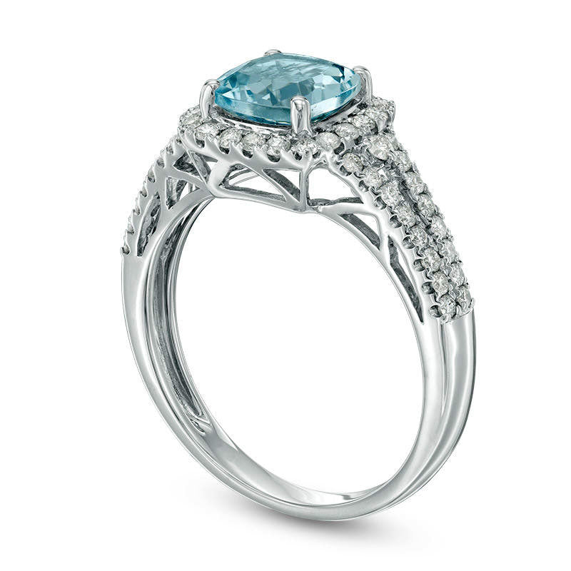 7.0mm Cushion-Cut Aquamarine and 0.38 CT. T.W. Natural Diamond Frame Engagement Ring in Solid 14K White Gold