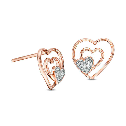 0.05 CT. T.W. Diamond Triple Heart Stud Earrings in 10K Rose Gold