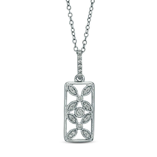 0.17 CT. T.W. Natural Diamond Open Rectangular Flower Antique Vintage-Style Pendant in Sterling Silver