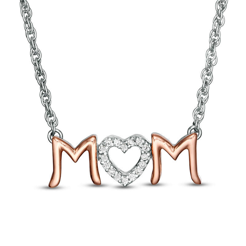 0.05 CT. T.W. Natural Diamond Heart MOM" Necklace in Sterling Silver and 10K Rose Gold"