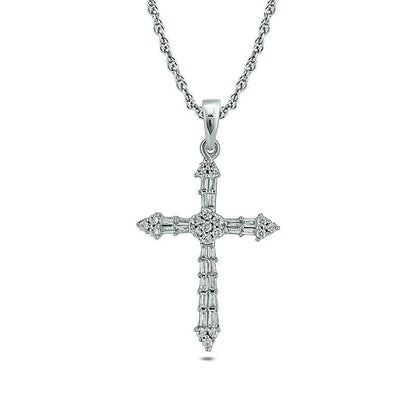 0.33 CT. T.W. Baguette and Round Natural Diamond Cross Pendant in 10K White Gold