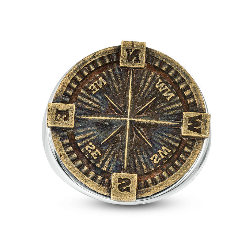 Men's Compass Antique-Finished Signet Ring in Sterling Silver and Bronze