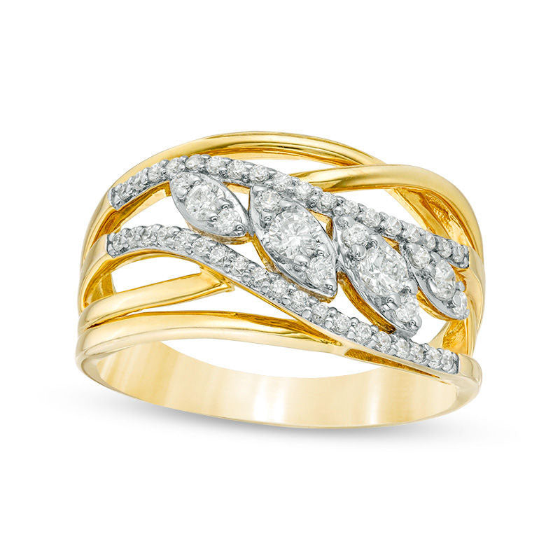 0.50 CT. T.W. Natural Diamond Layered Crossover Leaf Ring in Solid 10K Yellow Gold