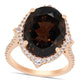 Oval Smoky Quartz, White Sapphire and 0.38 CT. T.W. Natural Diamond Art Deco Frame Ring in Solid 14K Rose Gold