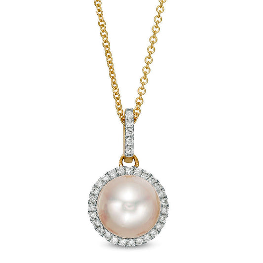 8.0 - 8.5mm Cultured Akoya Pearl and 0.13 CT. T.W. Natural Diamond Frame Drop Pendant in 14K Gold
