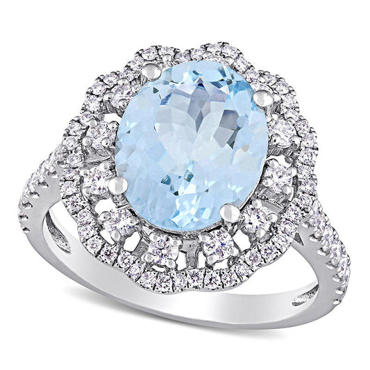 Oval Aquamarine and 0.75 CT. T.W. Natural Diamond Double Scallop Frame Floral Ring in Solid 14K White Gold