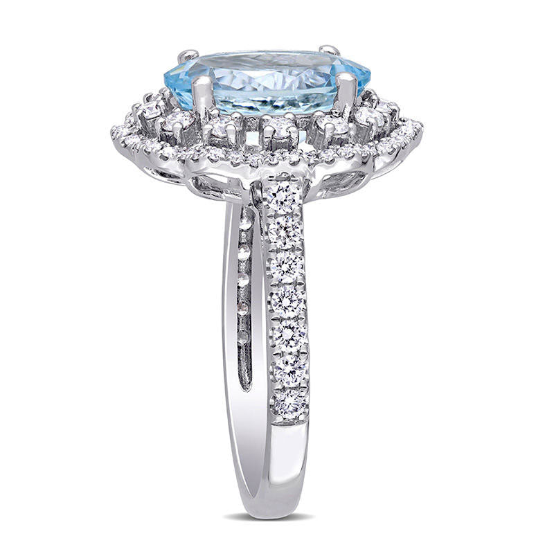 Oval Aquamarine and 0.75 CT. T.W. Natural Diamond Double Scallop Frame Floral Ring in Solid 14K White Gold