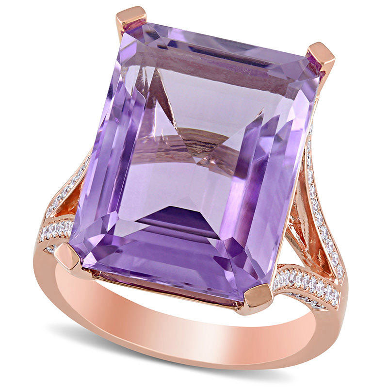 Emerald-Cut Amethyst and 0.38 CT. T.W. Natural Diamond Split Shank Ring in Solid 14K Rose Gold