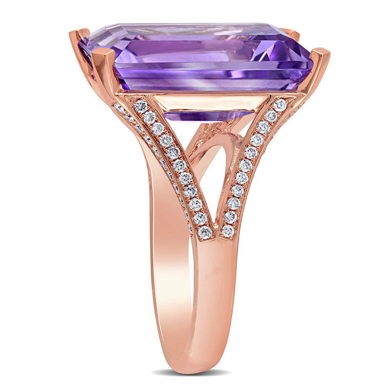 Emerald-Cut Amethyst and 0.38 CT. T.W. Natural Diamond Split Shank Ring in Solid 14K Rose Gold