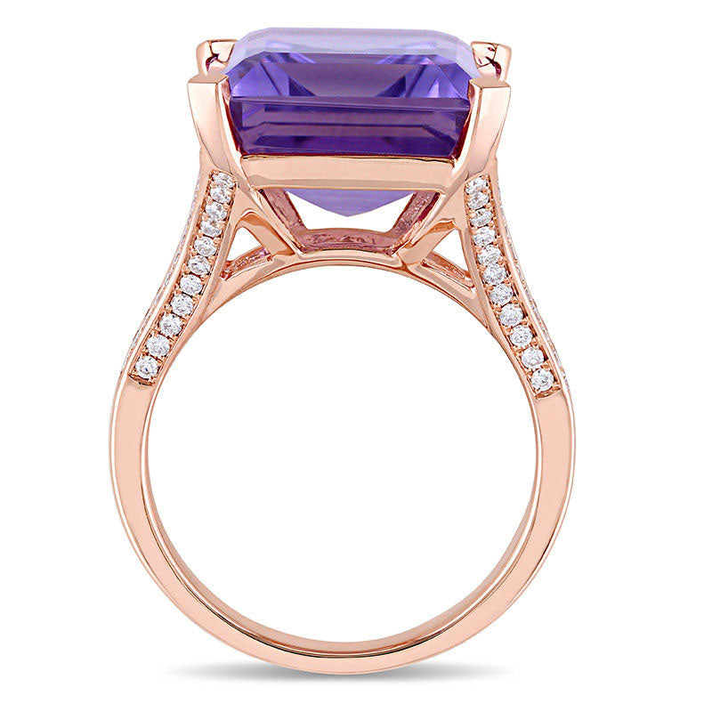 Emerald-Cut Amethyst and 0.38 CT. T.W. Natural Diamond Split Shank Ring in Solid 14K Rose Gold