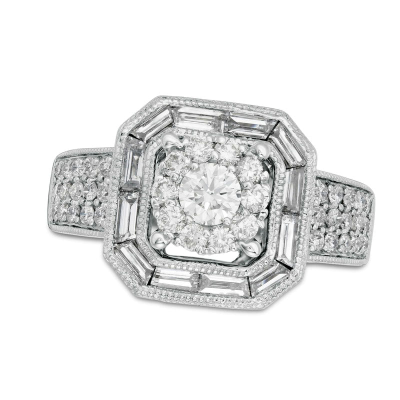 1.75 CT. T.W. Natural Diamond Hexagon Frame Antique Vintage-Style Engagement Ring in Solid 14K White Gold