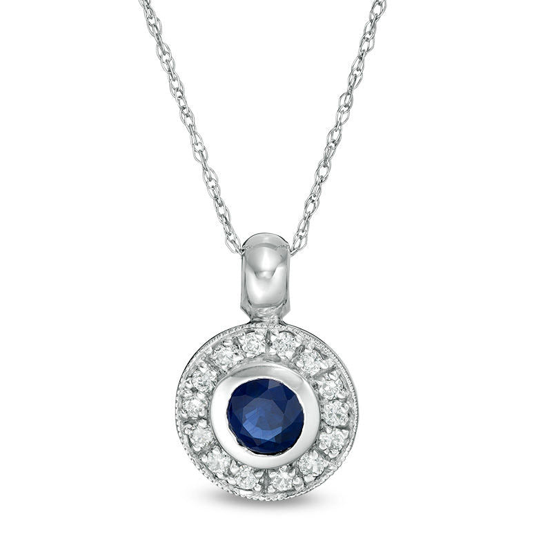 4.5mm Blue Sapphire and 0.17 CT. T.W. Natural Diamond Open Frame Antique Vintage-Style Pendant in 14K White Gold