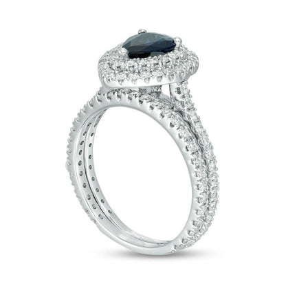 Pear-Shaped Blue Sapphire and 1.0 CT. T.W. Natural Diamond Double Frame Bridal Engagement Ring Set in Solid 14K White Gold