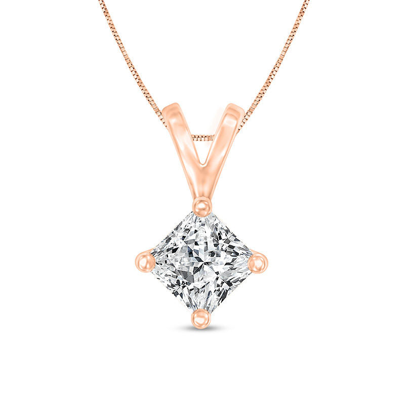 1 CT. Certified Princess-Cut Natural Clarity Enhanced Solitaire Pendant in 14K Rose Gold (I/SI2)