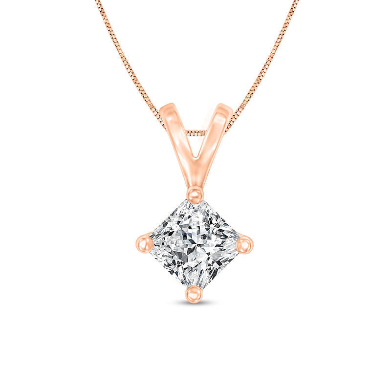 0.5 CT. Certified Princess-Cut Natural Clarity Enhanced Solitaire Pendant in 14K Rose Gold (I/SI2)