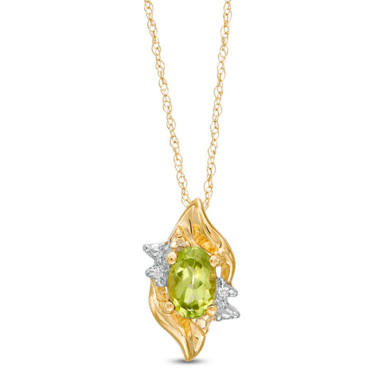 Oval Peridot and Natural Diamond Accent Flame Burst Pendant in 10K Yellow Gold