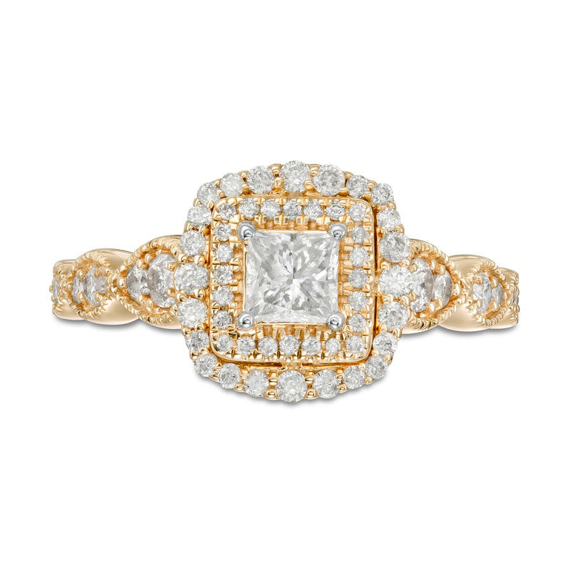 0.88 CT. T.W. Princess-Cut Natural Diamond Double Frame Art Deco Antique Vintage-Style Engagement Ring in Solid 10K Yellow Gold
