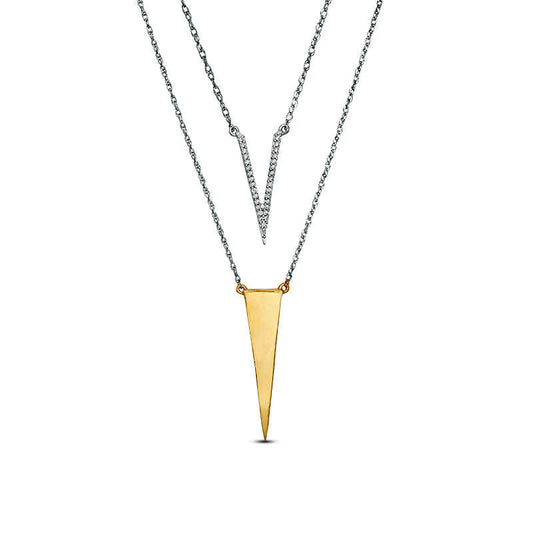 0.1 CT. T.W. Natural Diamond Elongated Triangle Layered Necklace in Sterling Silver and 10K Yellow Gold - 20"