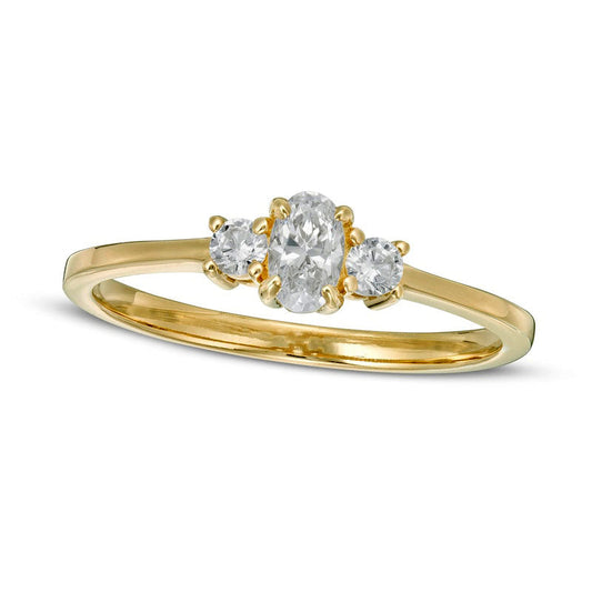 0.50 CT. T.W. Oval and Round Natural Diamond Three Stone Engagement Ring in Solid 14K Gold