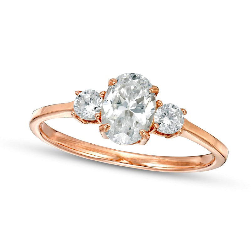 1.0 CT. T.W. Oval and Round Natural Diamond Three Stone Engagement Ring in Solid 14K Rose Gold