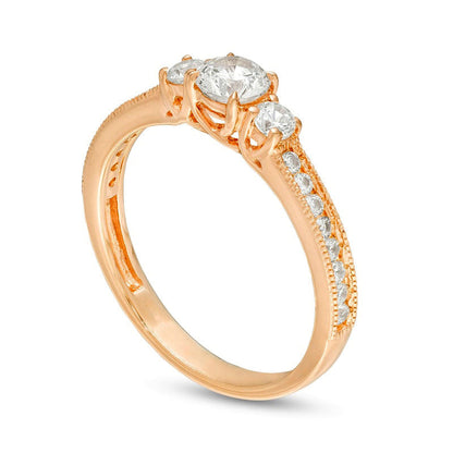 0.75 CT. T.W. Natural Diamond Three Stone Engagement Ring in Solid 14K Rose Gold