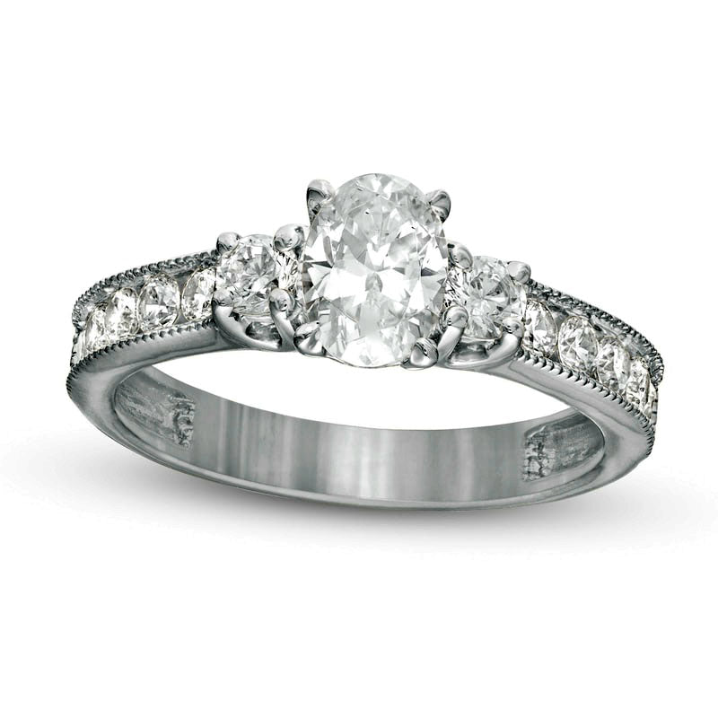 1.33 CT. T.W. Oval Natural Diamond Three Stone Antique Vintage-Style Engagement Ring in Solid 14K White Gold