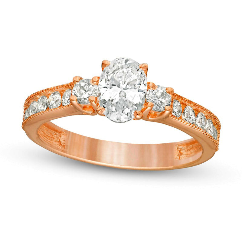 1.17 CT. T.W. Oval and Round Natural Diamond Three Stone Engagement Ring in Solid 14K Rose Gold
