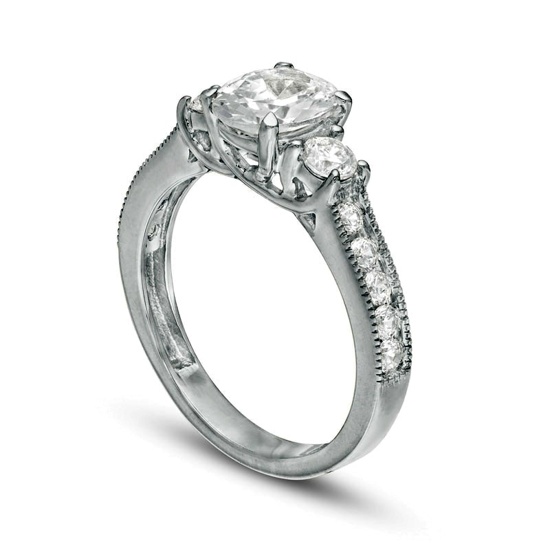 1.75 CT. T.W. Oval and Round Natural Diamond Three Stone Engagement Ring in Solid 14K White Gold