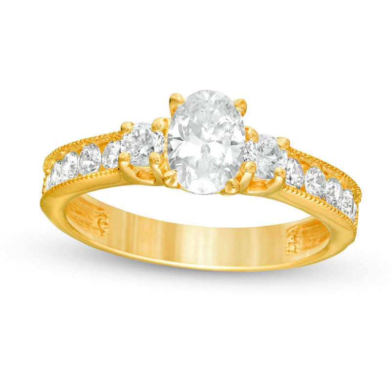 1.33 CT. T.W. Oval and Round Natural Diamond Three Stone Engagement Ring in Solid 14K Gold