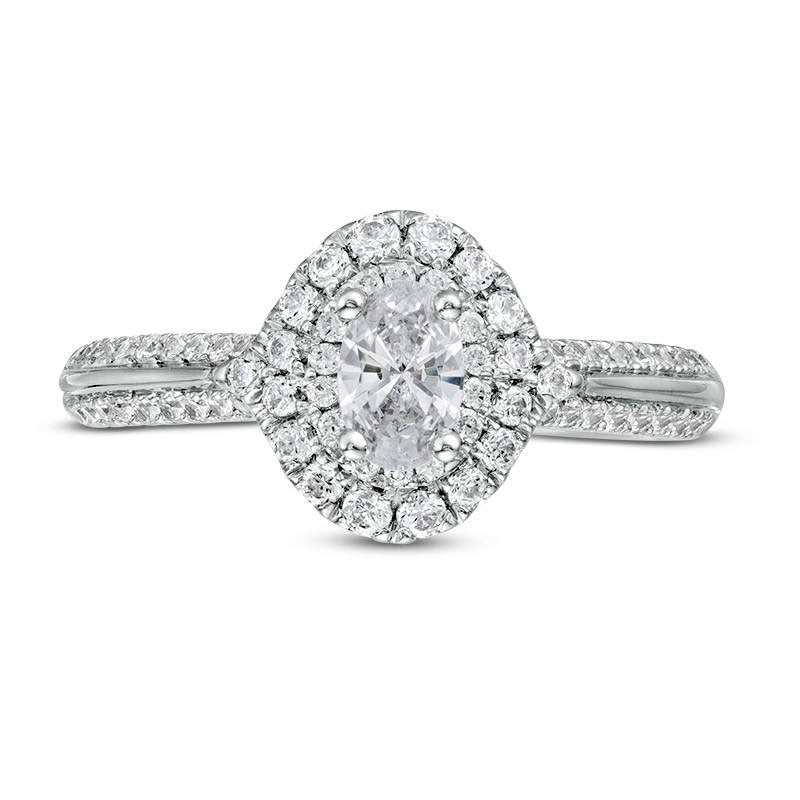 1.0 CT. T.W. Certified Oval Natural Diamond Double Frame Engagement Ring in Solid 14K White Gold (I/SI2)