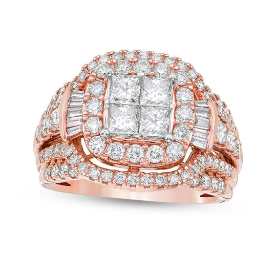 2.0 CT. T.W. Princess-Cut Quad Natural Diamond Double Frame with Collar Engagement Ring in Solid 14K Rose Gold