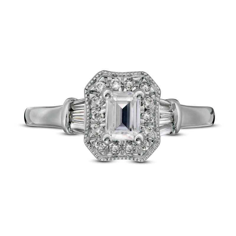 0.75 CT. T.W. Certified Emerald-Cut Natural Diamond Octagonal Frame Antique Vintage-Style Engagement Ring in Solid 14K White Gold (I/I1)