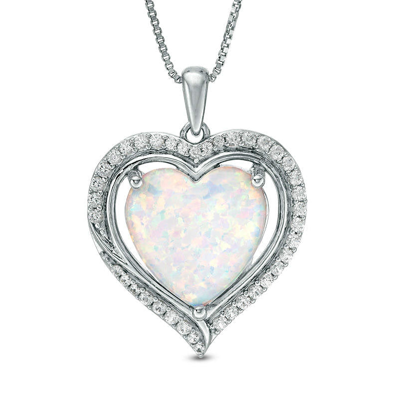 12.0mm Heart-Shaped Lab-Created Opal and White Sapphire Swirl Frame Pendant in Sterling Silver