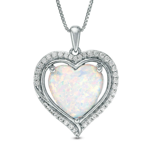 12.0mm Heart-Shaped Lab-Created Opal and White Sapphire Swirl Frame Pendant in Sterling Silver