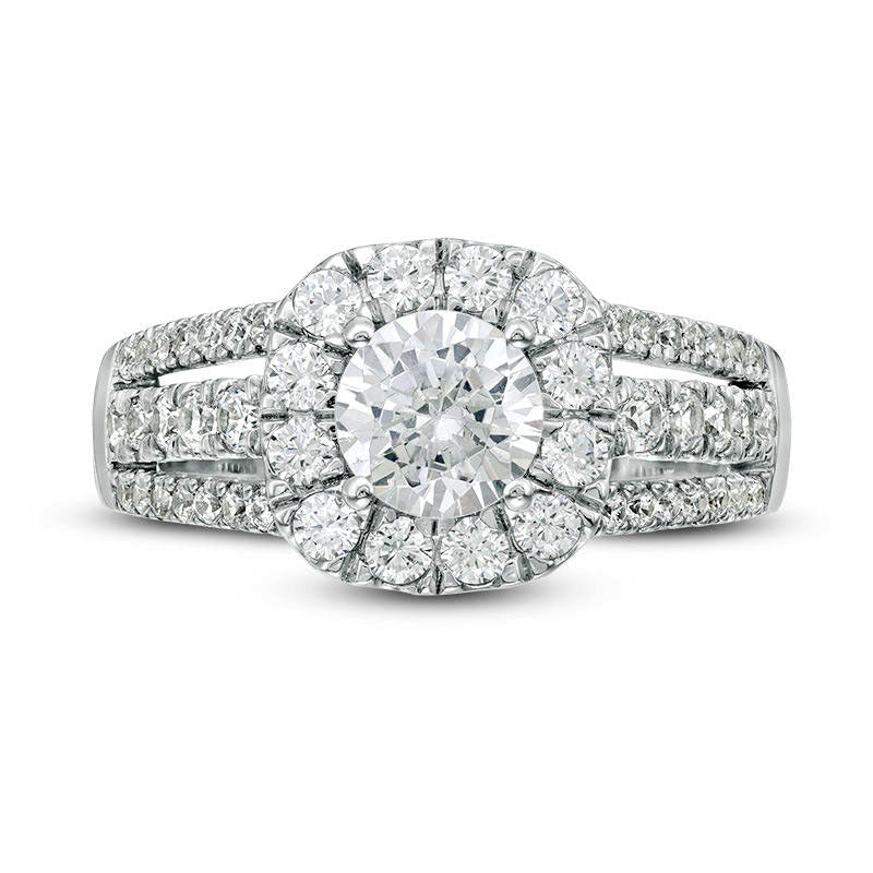 1.5 CT. T.W. Natural Diamond Cushion Frame Multi-Row Engagement Ring in Solid 14K White Gold