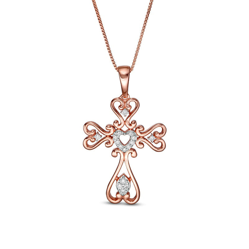 0.13 CT. T.W. Natural Diamond Heart-Shaped Cross Pendant in Sterling Silver with 14K Rose Gold Plate