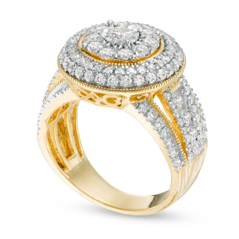2.0 CT. T.W. Composite Natural Diamond Triple Frame Split Shank Antique Vintage-Style Ring in Solid 10K Yellow Gold