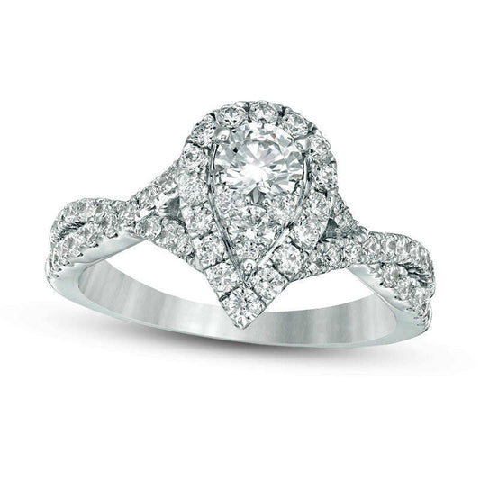 1.25 CT. T.W. Composite Natural Diamond Pear-Shaped Frame Twist Shank Engagement Ring in Solid 14K White Gold
