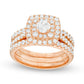1.5 CT. T.W. Natural Diamond Double Cushion Frame Three Piece Bridal Engagement Ring Set in Solid 10K Rose Gold