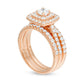 1.5 CT. T.W. Natural Diamond Double Cushion Frame Three Piece Bridal Engagement Ring Set in Solid 10K Rose Gold