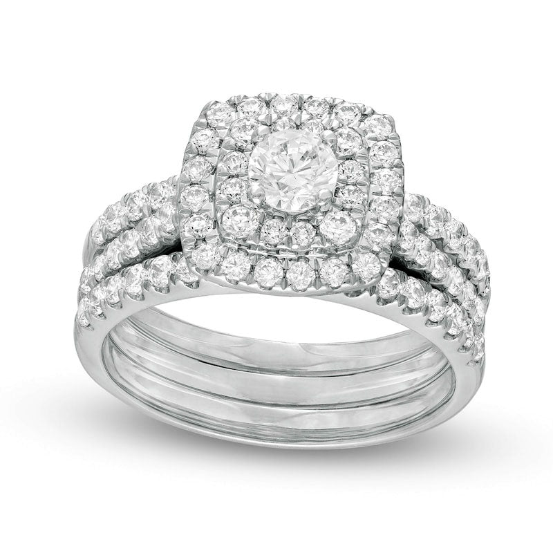 1.5 CT. T.W. Natural Diamond Double Cushion Frame Three Piece Bridal Engagement Ring Set in Solid 10K White Gold