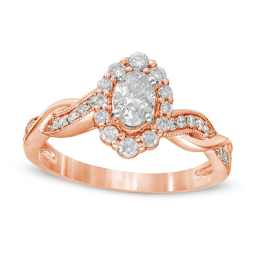 0.75 CT. T.W. Oval Natural Diamond Frame Twist Shank Antique Vintage-Style Engagement Ring in Solid 10K Rose Gold