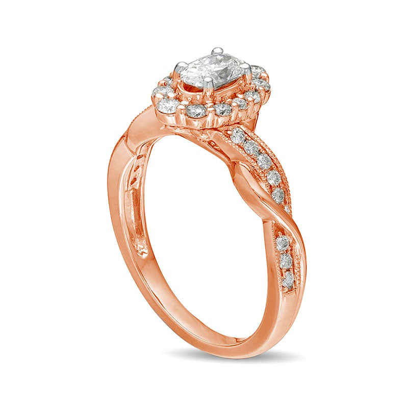 0.75 CT. T.W. Oval Natural Diamond Frame Twist Shank Antique Vintage-Style Engagement Ring in Solid 10K Rose Gold